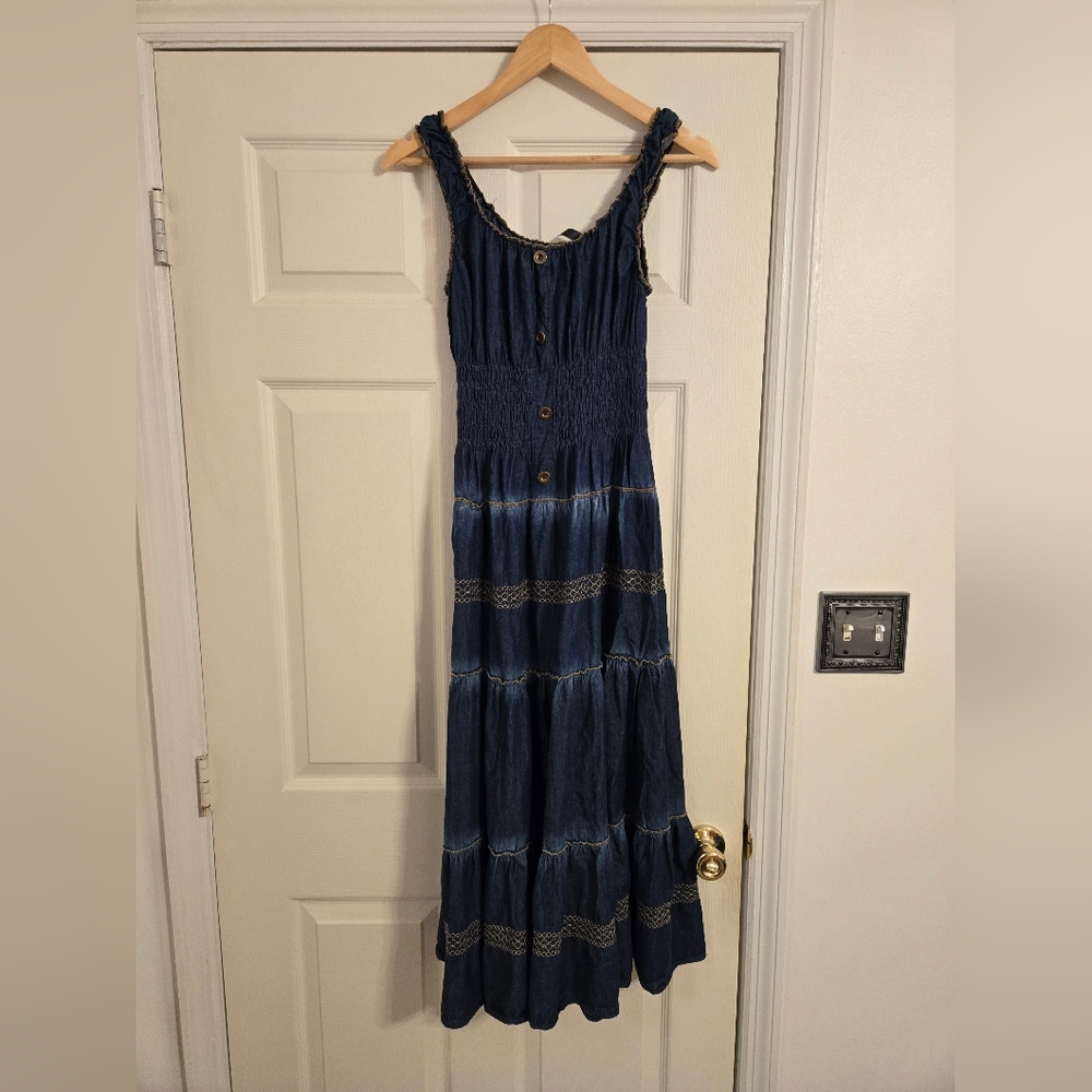 Lapis Blue Cotton Sleeveless tiered Maxi Dress boho hippie western Petite Small
